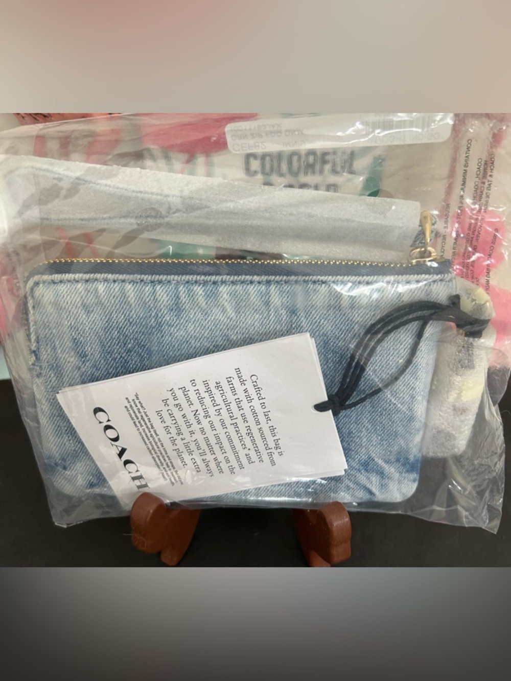 Coach Light Blue Denim Zip Pouch with Gold Hardware with charms. NIP - Picture 2 of 6